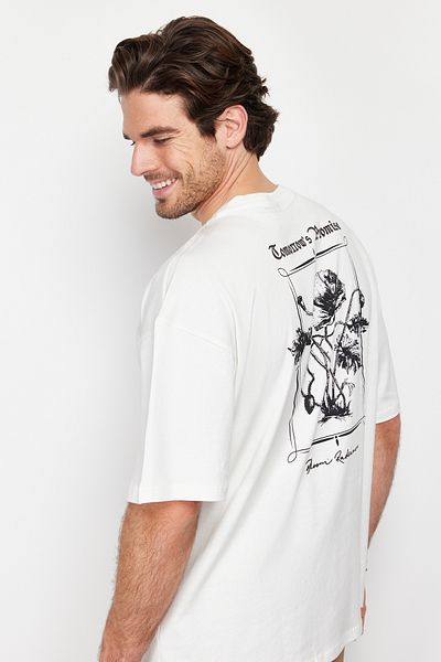 Trendyol Collection Βαμβακερό μπλουζάκι υπερμεγέθη εκρού φλοράλ - TMNSS24TS00105