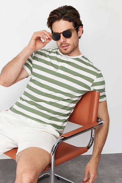 Trendyol Collection Gray Striped 100% Cotton T-Shirt - Button Collar, Regular Fit TMNSS24TS00080