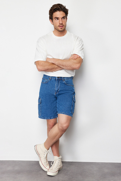 Trendyol Collection Modré džínové šortky Regular Fit Cargo Pocket Denim TMNSS24JE00013