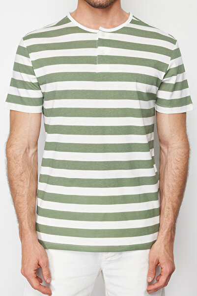 Trendyol Collection Gray Striped 100% Cotton T-Shirt - Button Collar, Regular Fit TMNSS24TS00080