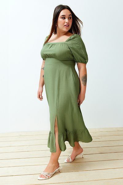 Trendyol Curve Khaki szögletes gallérú ballonos ujjú szőtt ruha TBBSS24AH00066