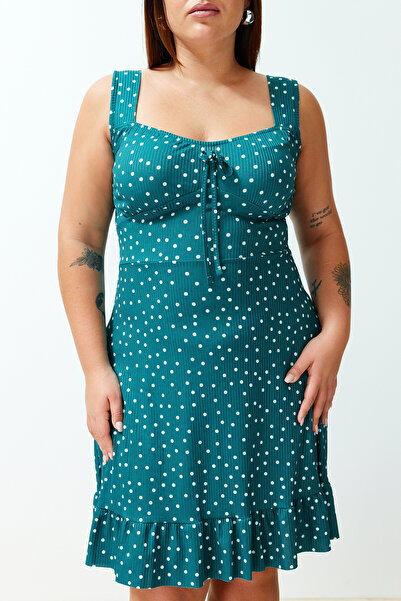Trendyol Curve Polka Dot Print Detail mašličky Flounces A-Line Mini pletené letní šaty - Tbbss24Ah00127