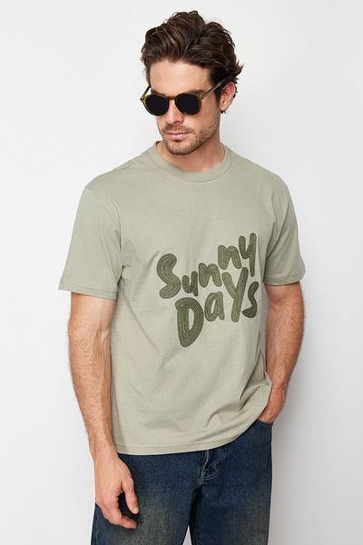Trendyol Collection Green Embroidered Crew Neck Oversize Cotton T-Shirt - Tmnss24Ts00136