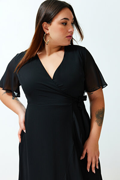 Trendyol Curve Black Double-breasted Skirt Flounce Woven Dress TBBSS24AH00032