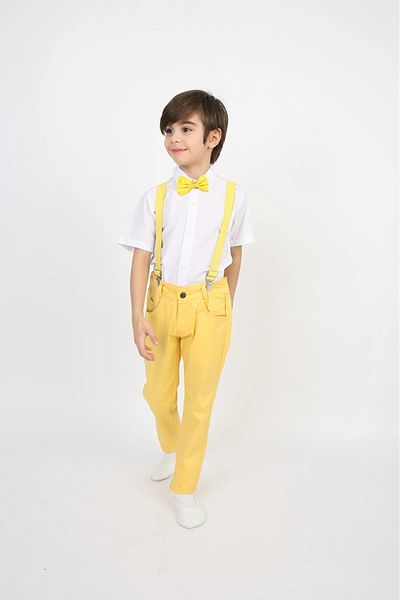 NOBLE STORE Boy April 23 Outfit Costume Pants Short Sleeve Shirt Tie Yellow White Set 0024