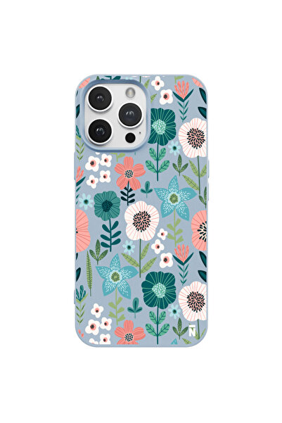 Casen iPhone 15 Pro Max Flowers Tasarımlı Mavi Renkli Silikon Telefon Kılıfı