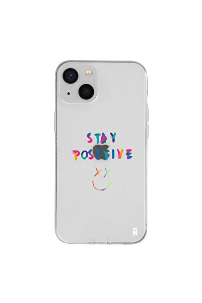 Casen iPhone 13 Stay Positive Tasarımlı Şeffaf Silikon Telefon Kılıfı