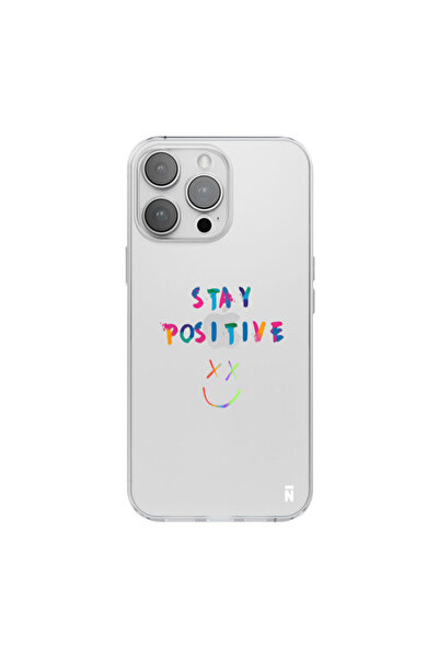 Casen iPhone 14 Pro Stay Positive Tasarımlı Şeffaf Silikon Telefon Kılıfı