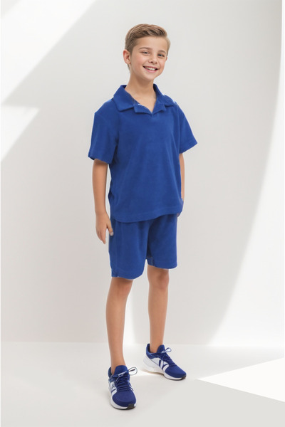 MY STAR HOME Royal Terry Cloth Two Pieces Shirt Collar Boys' Beach Home Pool Set Shorts and Top Set