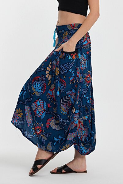 AYASOFYA OTANTIK Fusta de damă cu model albastru cu buzunar cu talie elastică