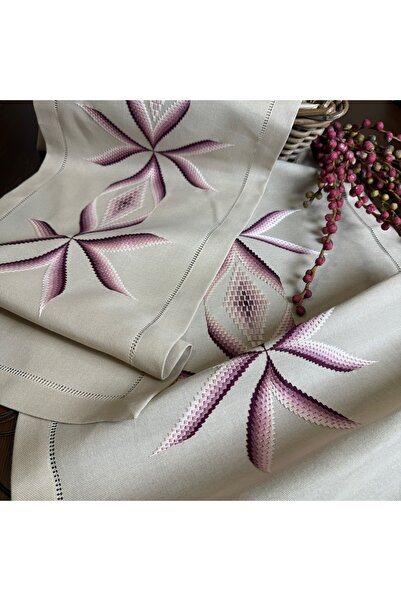 Hane7 El İşlemesi Bej  Bargello Nakışlı 3 Parça Salon Takımı