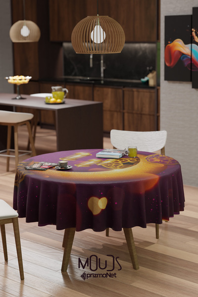 Moud's مفرش طاولة دائري من قماش الجلد المدبوغ بنمط القمر الأرجواني من رمضان