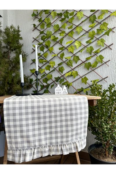 Decamor home Stain Resistant Water Repellent Vintage Frilly Gingham Gray Runner