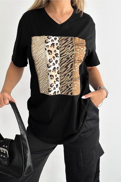 FEMELLE Women's Black V-Neck Large Size Leopard Sequin Sequin Embroidered 100% Cotton Large Size T-Shirt