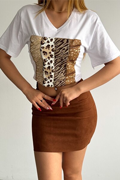 FEMELLE Women's White V-Neck Large Size Leopard Sequin Sequin Embroidered 100% Cotton Large Size T-Shirt