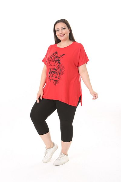 xlargebutik LARGE SIZE CLOTHING RED BUTTERFLY ROSE PRINT FULL FLEXIBLE BOULE