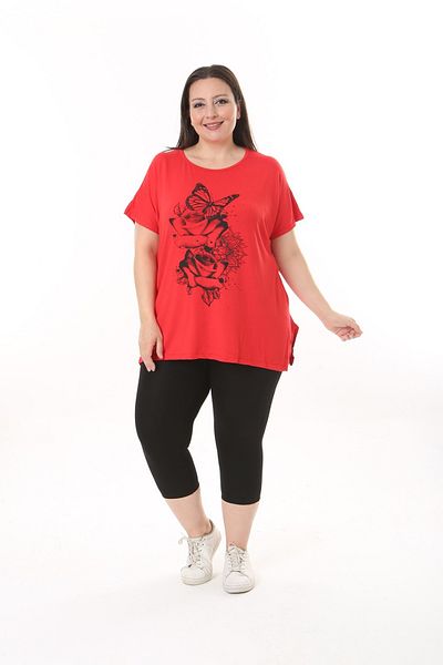 xlargebutik LARGE SIZE CLOTHING RED BUTTERFLY ROSE PRINT FULL FLEXIBLE BOULE