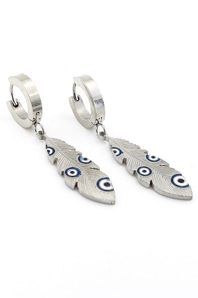 Solfera Evil Eye Beaded Feather Dangle Stainless Steel Unisex Hoop Earrings ER095