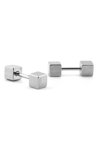 Solfera Silver Color Cube Design Screw Bar Piercing Women's Men's Earrings ER048