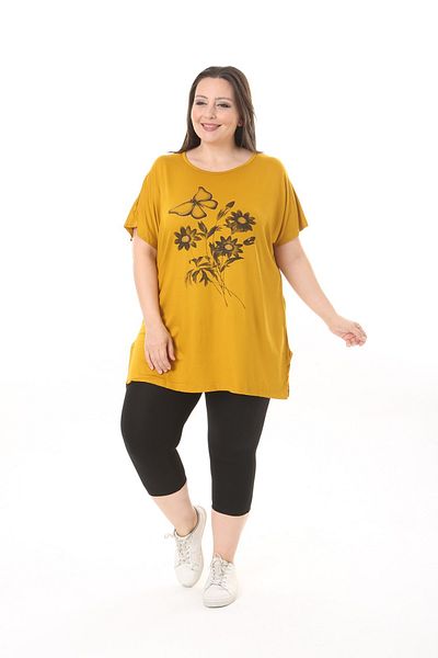 xlargebutik Plus Size - Clothing Butterfly Daisy Printed Yellow Cloud
