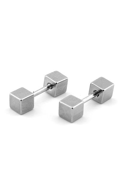Solfera Silver Color Cube Design Screw Bar Piercing Women's Men's Earrings ER048