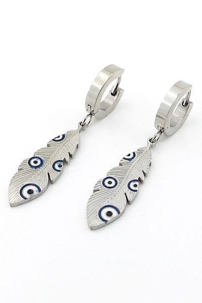 Solfera Evil Eye Beaded Feather Dangle Stainless Steel Unisex Hoop Earrings ER095