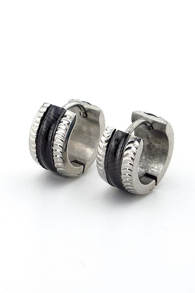 Solfera Black Silver Striped Color Stainless Steel Women Men Hoop Earrings ER055