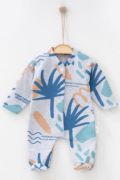 Beniizle Palm Tree Patterned Unisex Jumpsuit with Booties and Snap Fasteners