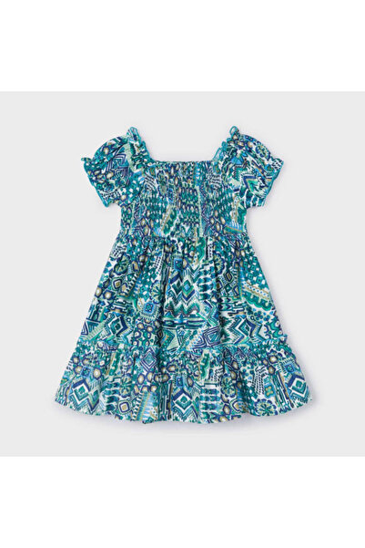 MAYORAL Kız Çocuk Retro Şal Desenli Tiril Pamuklu Elbise Turkuaz L24Y3937