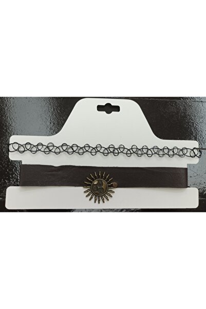 BRC Collection Suni Deri Güneş Figürlü Tasma Kolye, Siyah Tattoo Tasma Kolye ...