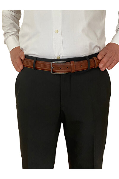 GoDeri 100% естествена кожа, червено-кафяв, класически колан за панталон с шевове, плат, 3,5 см_Stitched.ORTA.BAS