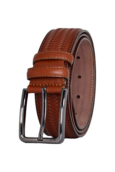 GoDeri %100 Hakiki Deri, Örgü Baskı Kahverengi Dikişli Klasik, Kumaş Pantolon Kemeri 3.5 Cm_Dikisli.Örgülü