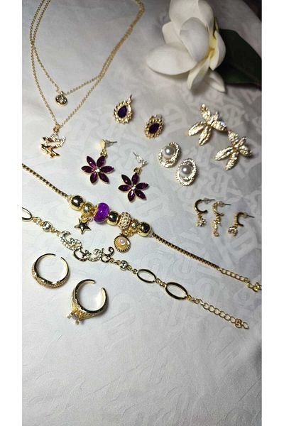 RSB Bijuteri Bracelets, Pearl Earrings, Zircon and Pearl Jewelled Earrings, Ring, Gift Package of 10 Pieces in a Set