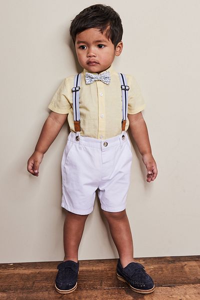 Next Baby Cotton Yellow White Shirt Shorts Bow Tie Strap Set