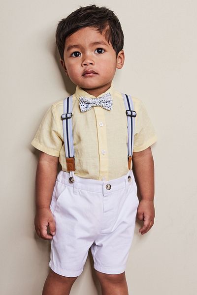 Next Baby Cotton Yellow White Shirt Shorts Bow Tie Strap Set