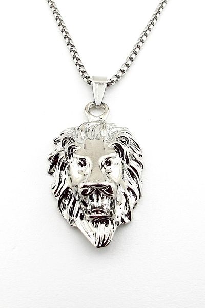 Solfera Lion Lion Embossed Silver Color Steel Men's Necklace Chain Q0836