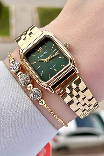 Ferrucci Kadranı Yeşil Kordonu Gold Renk Hediye Paketli Kadın Kol Saati ve Bi...