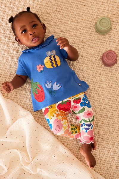 Next Baby 100% Cotton Blue Bee Patterned Short Sleeve Tatyli Top and Bottom Set
