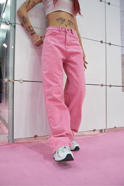 Gofeel Pembe Kot Detaylı Bol Paça Yıkamalı Pantolon