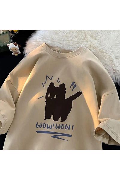 Gofeel Wow Cat Detailed Oversize Unisex Black T-shirt