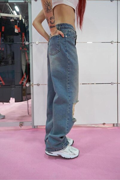 Gofeel Mavi Yırtık Detaylı Baggy Unisex Yıkamalı Pantolon
