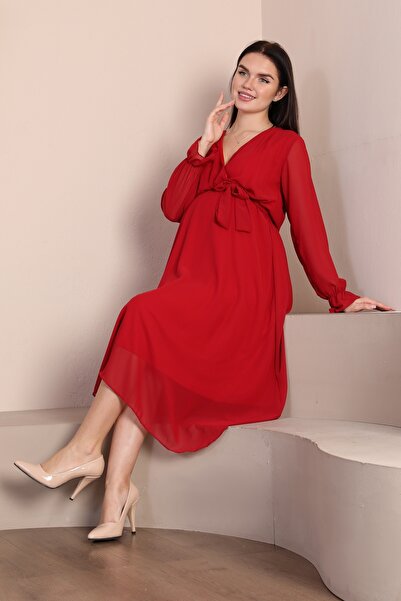 Azra Style Γαμήλιο αρραβωνιαστικό φόρεμα σιφόν φόρεμα εγκυμοσύνης με διπλό στήθος χέννα κόκκινο