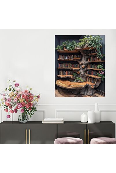 HDART Ağaç Kütüphane  Dekoratif Duvar Kanvas Tablo Tablosu oda salon cafe ofis büro