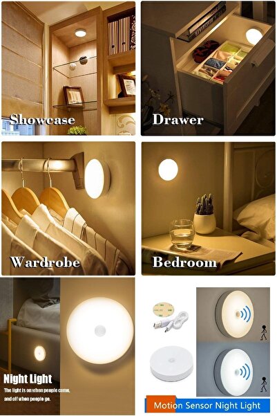 BİTERSE 1 Adet Usb Şarjlı Akıllı Hareket Sensörlü Kablosuz Spot Led Lamba Sar...