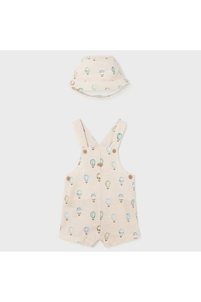 MAYORAL Baby Boy Balloon Patterned Linen Salopet Shorts with Hat Green Beige L24Y1613