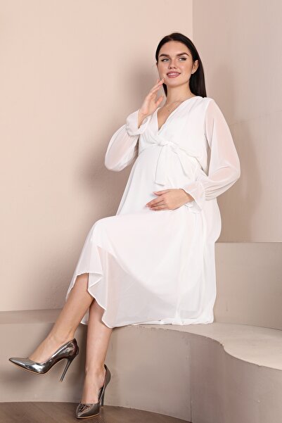 Azra Style Φόρεμα σιφόν φόρεμα μητρότητας με διπλό στήθος, ζωσμένος γιακάς, αρραβωνιαστικός χέννα λευκό