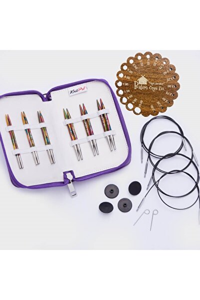 BALIM ÖRGÜ EVİ KnitPro Symfonie Deluxe Set de frigărui scurti din lemn cu fire interschimbabile + Balım Knitting House Gauge