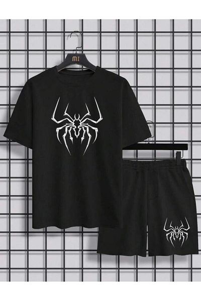 khufu Black Oversize Crew Neck Bottom Top T-shirt with Shorts Spider Printed Double Set