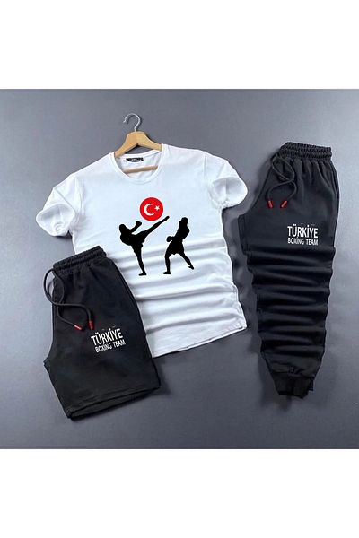 Pisa Art Kickboxing Türkiye Printed Set of 3 Oversize T-shirt Slim Shorts and Sweatpants Combination Unisex Design