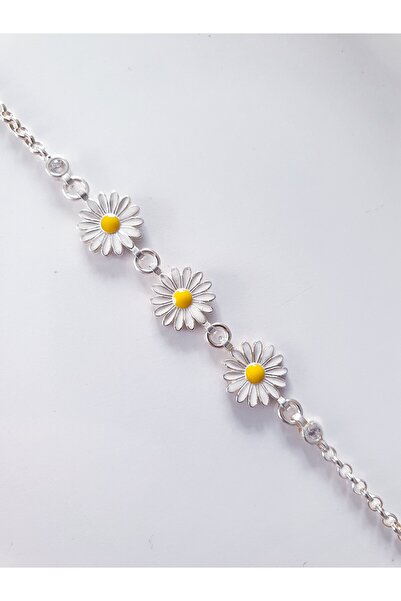 MAGRİB 925 Ayar Gümüş Mineli Beyaz Papatyalı Gümüş Çocuk Bileklik 15 Cm.